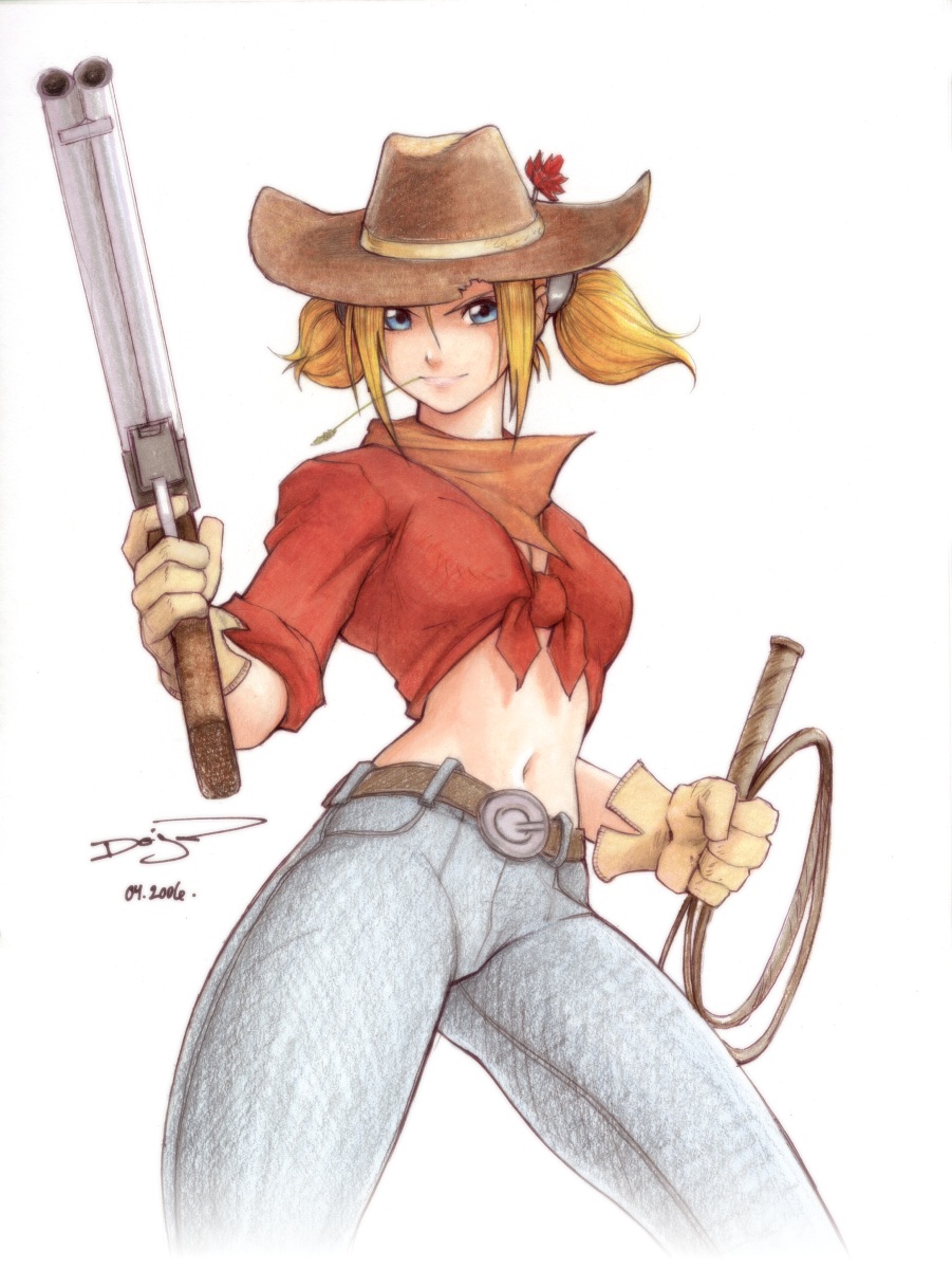 omar dogan, highres, 1girl, belt, blonde hair, blue eyes, cowboy hat, cowboy western, crop top, dated, denim, double-barreled shotgun, female focus, finger on trigger, front-tie top, gloves, gun, hat, jeans, midriff, mouth hold, multiple-barrel gun, navel, pants, shirt, shotgun, side-by-side-barreled shotgun, signature, sleeves rolled up, solo, tied shirt, twintails, weapon, whip, whippet shotgun