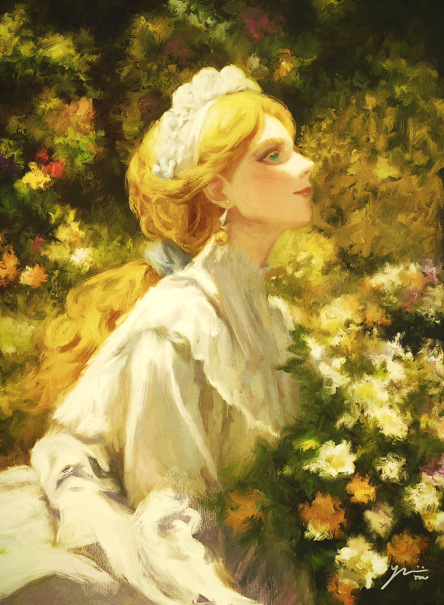 saik you, original, highres, procreate (medium), 1girl, blonde hair, blue eyes, closed mouth, dress, earrings, flower, jewelry, long hair, outdoors, ponytail, signature, solo, white dress, white flower, white headdress