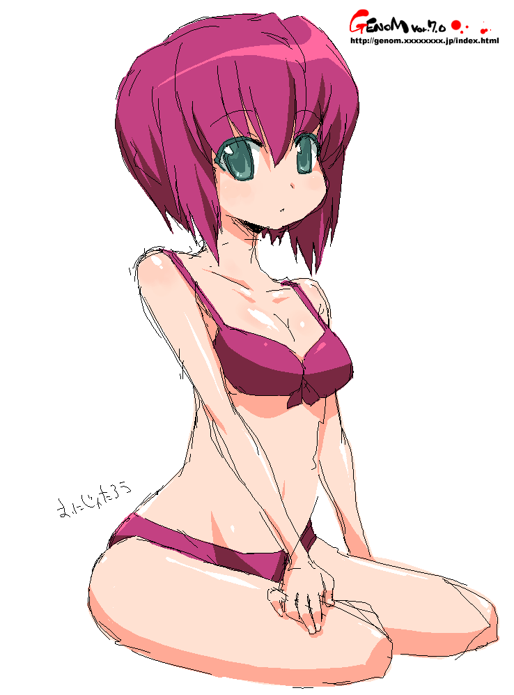 onija tarou, original, 1girl, bikini, bra, breasts, cleavage, female focus, grey eyes, lingerie, medium breasts, oekaki, panties, pink hair, purple hair, short hair, solo, swimsuit, underwear