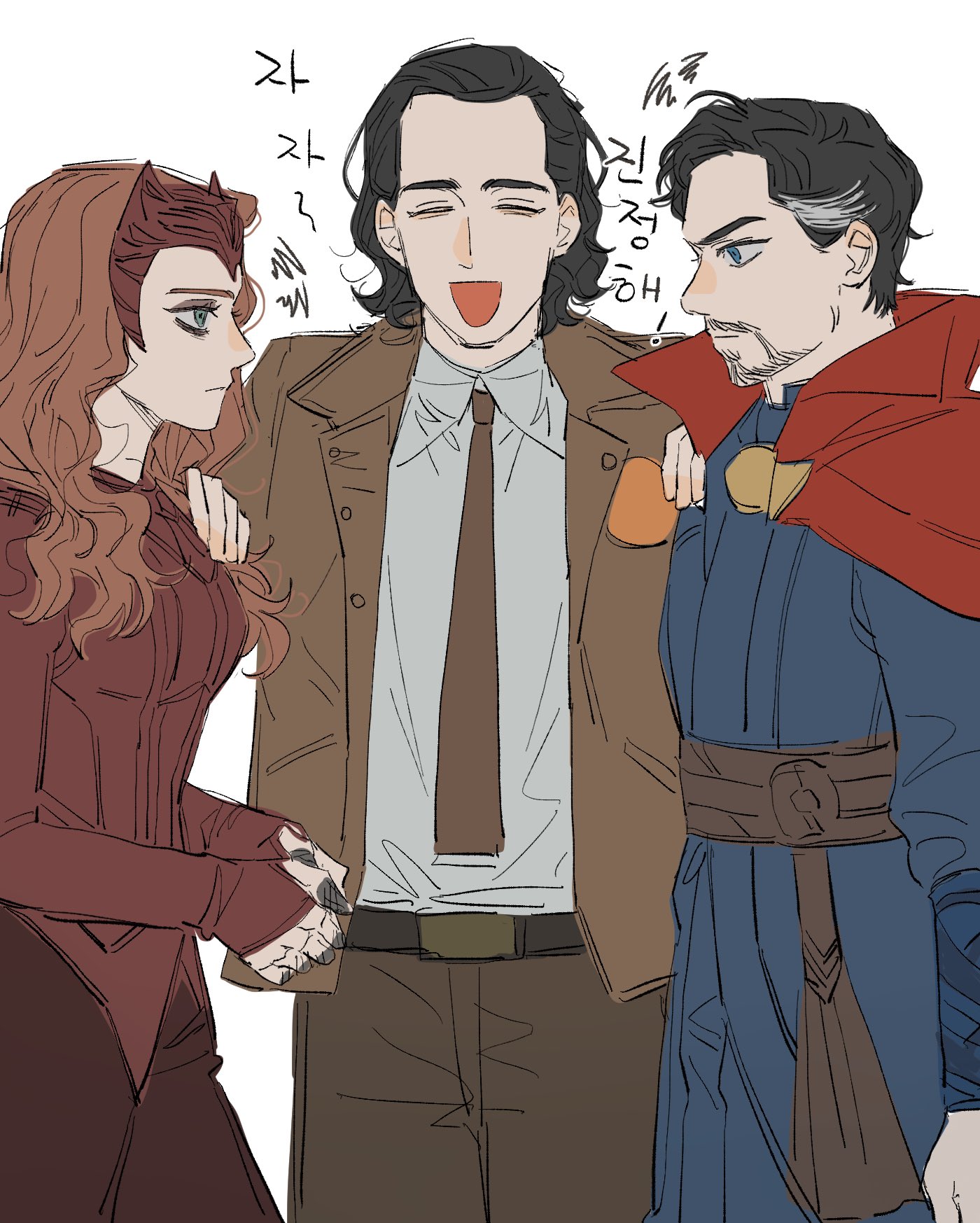 doctor strange, loki (marvel), scarlet witch, wanda maximoff, doctor strange (series), doctor strange in the multiverse of madness, loki (disney+), marvel, commentary request, highres, korean commentary, 1girl, 2boys, animification, belt, black belt, black eyeshadow, black hair, blue eyes, blue shirt, breasts, bridal gauntlets, brown belt, brown jacket, brown necktie, brown pants, cloak, closed eyes, closed mouth, collared shirt, cowboy shot, dress, eyeshadow, facial hair, formal clothes, green eyes, half-closed eyes, hand on another's shoulder, hands up, jacket, korean text, lapels, long hair, long sleeves, looking at another, makeup, mask, mask on head, medium breasts, multicolored hair, multiple boys, necktie, open clothes, open jacket, open mouth, orange hair, pants, puffy long sleeves, puffy sleeves, red cloak, red dress, red mask, shirt, short hair, sidelocks, simple background, smile, squiggle, standing, streaked hair, sunwillshineon, wavy hair, white background, white hair, white shirt