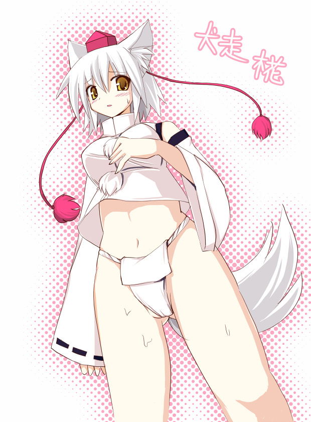 seo tatsuya, inubashiri momiji, touhou, 1girl, animal ears, cameltoe, character name, female focus, fundoshi, hat, japanese clothes, midriff, navel, pom pom (clothes), solo, sweat, tail, tokin hat, white hair, wolf ears, wolf tail, yellow eyes