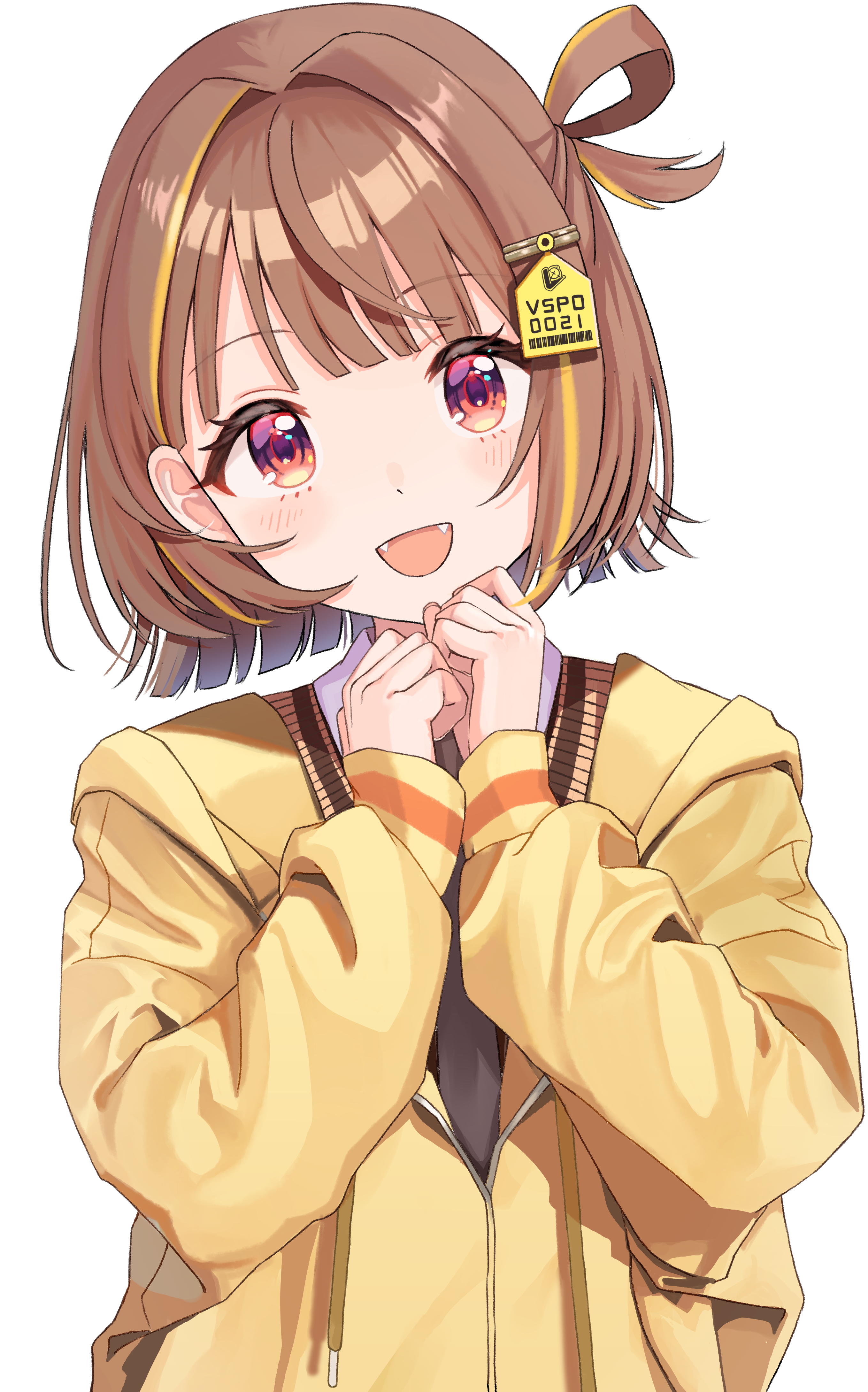 zarame (komayaba), sendo yuuhi, vspo!, absurdres, highres, 1girl, :d, black necktie, brown hair, cardigan, copyright name, fangs, hair intakes, hair ornament, long sleeves, looking at viewer, multicolored hair, necktie, open mouth, red eyes, short hair, simple background, smile, solo, streaked hair, upper body, virtual youtuber, white background, yellow cardigan