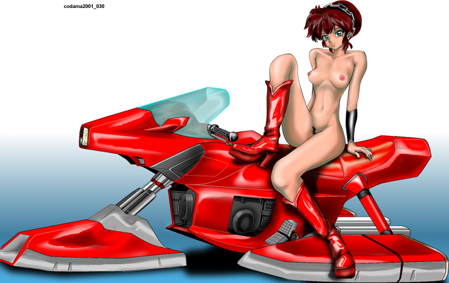 codama, benten (urusei yatsura), urusei yatsura, vehicle, 1girl, boots, breasts, breasts apart, brown hair, female focus, female pubic hair, hover bike, looking at viewer, medium breasts, motor vehicle, motorcycle, nipples, nude, pubic hair, solo, uncensored, zenra