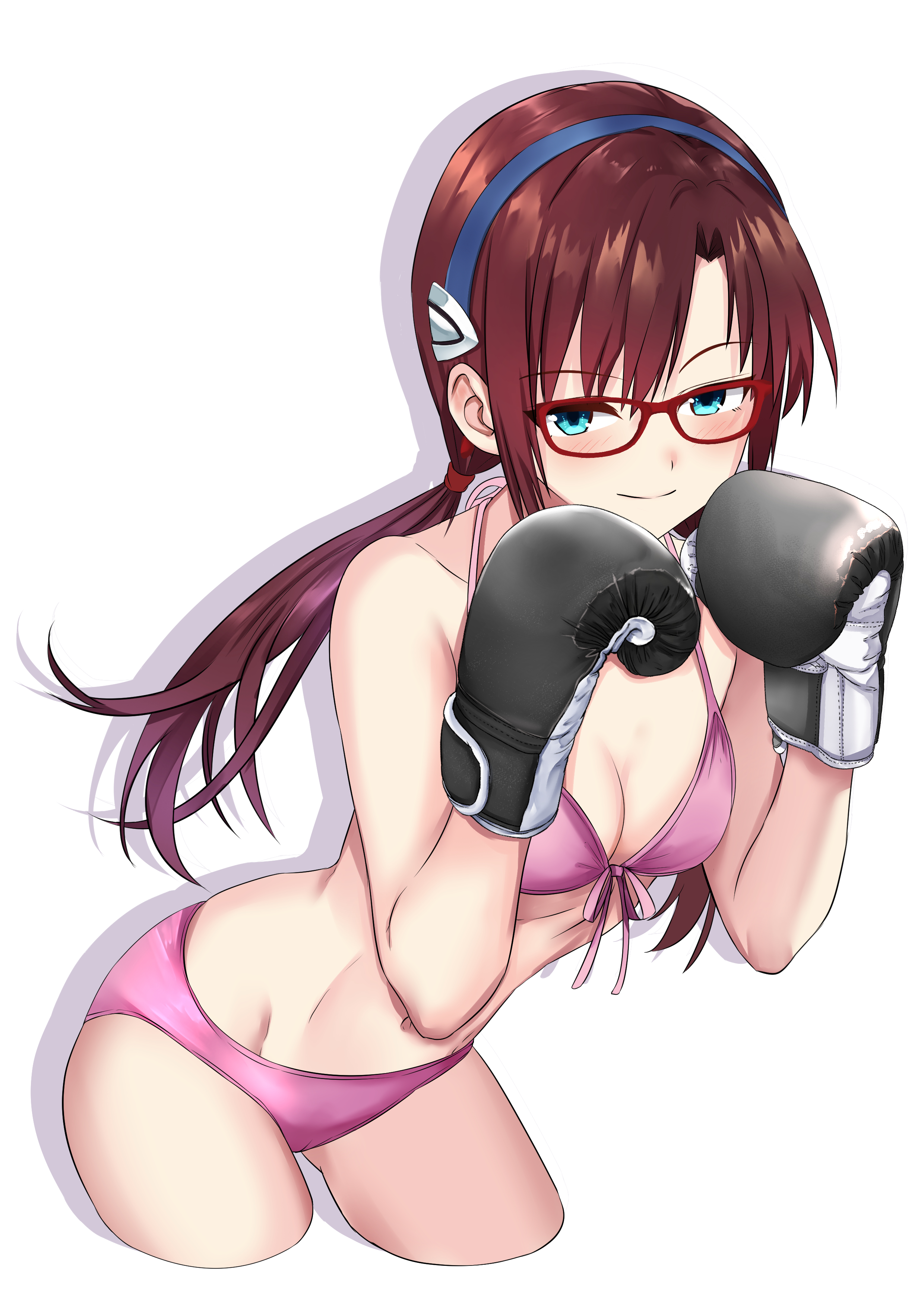xiahou qiulan, makinami mari illustrious, neon genesis evangelion, rebuild of evangelion, absurdres, highres, 1girl, aqua eyes, bikini, black gloves, blue hairband, boxing gloves, breasts, brown hair, cleavage, closed mouth, collarbone, cropped legs, front-tie bikini top, front-tie top, glasses, gloves, groin, hairband, halterneck, leaning forward, long hair, looking at viewer, low twintails, navel, pink bikini, red-framed eyewear, simple background, small breasts, smile, solo, standing, swimsuit, twintails, white background