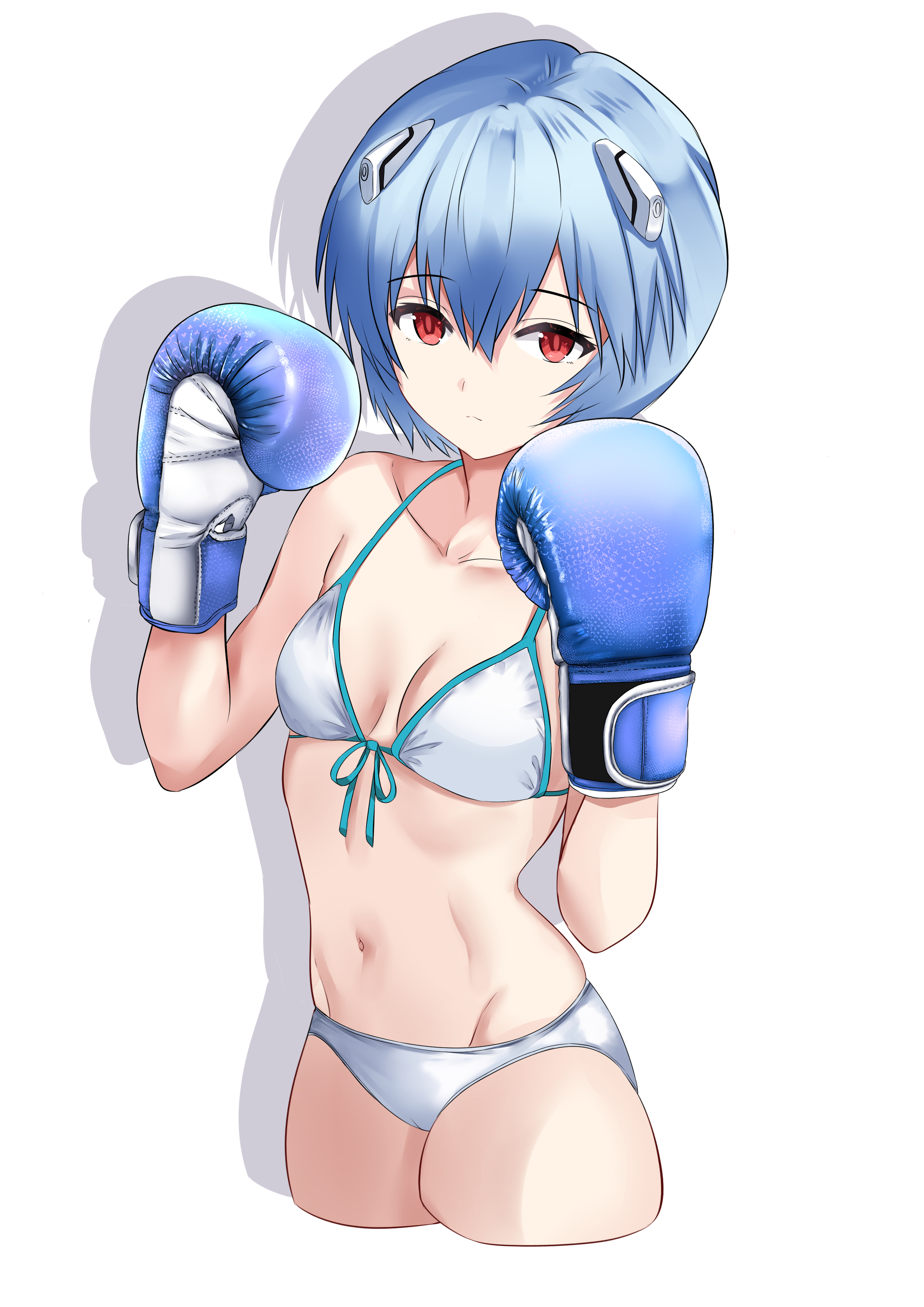 xiahou qiulan, ayanami rei, neon genesis evangelion, absurdres, highres, 1girl, bikini, blue gloves, blue hair, blue trim, bob cut, boxing gloves, breasts, cleavage, collarbone, cropped legs, crossed bangs, front-tie bikini top, front-tie top, gloves, groin, hair between eyes, halterneck, looking at viewer, navel, red eyes, short hair, simple background, small breasts, solo, standing, swimsuit, white background, white bikini