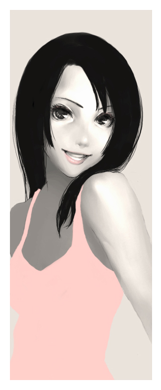 spindash, original, 1girl, bare arms, black eyes, black hair, brown background, female focus, grin, lipstick, looking at viewer, makeup, medium hair, monochrome, pink lips, pink theme, smile, solo, spot color, tank top, upper body
