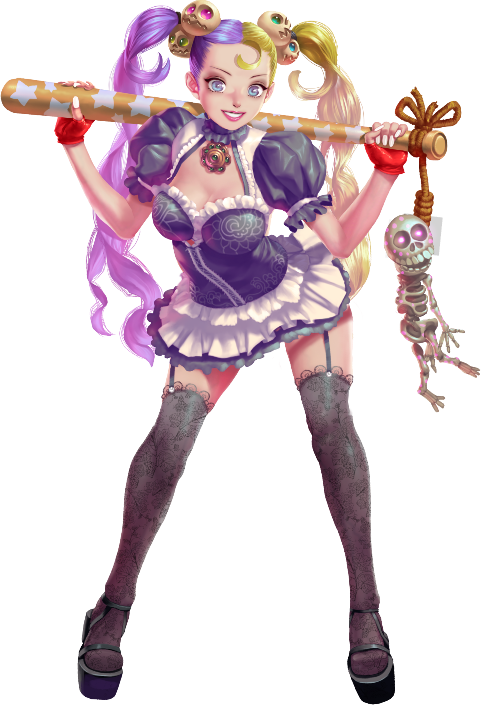 crystal maiden (series), artist request, game cg, official art, variant set, 1girl, baseball bat, blonde hair, blue eyes, breasts, cleavage, frills, full body, garter straps, hair ornament, hanged, holding, holding baseball bat, multicolored hair, over shoulder, purple hair, quinn (crystal maidens), short sleeves, skeleton, skirt, skull hair ornament, smile, solo, star (symbol), transparent background, twintails, two-tone hair, weapon, weapon over shoulder