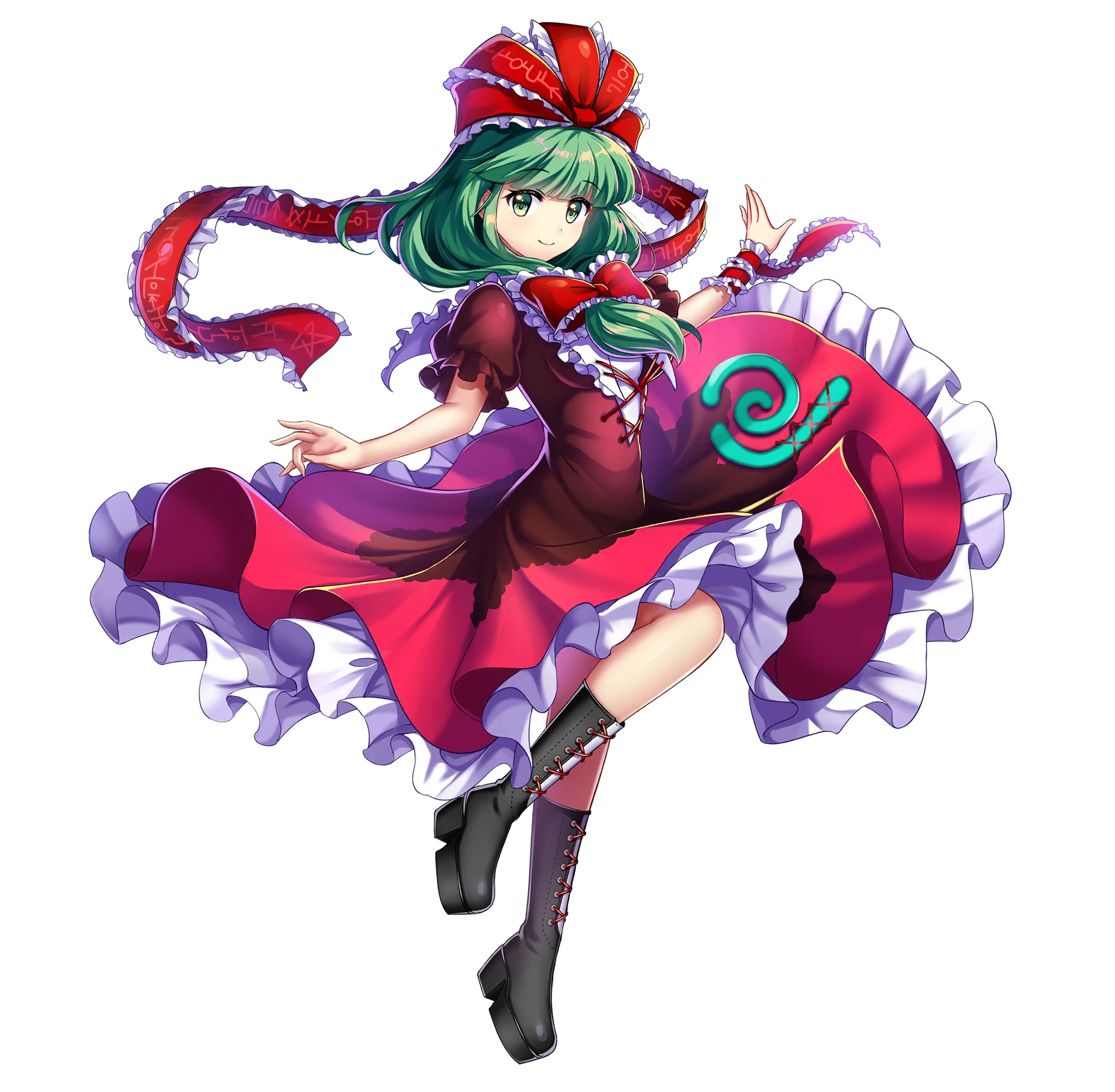 rotte (1109), kagiyama hina, touhou, touhou lostword, bad link, game cg, highres, official art, third-party source, 1girl, arm ribbon, black boots, boots, cross-laced clothes, dress, frilled skirt, frills, front ponytail, full body, green eyes, green hair, hair ribbon, lace-up boots, long hair, looking at viewer, red dress, red ribbon, red shirt, ribbon, shirt, short sleeves, simple background, skirt, solo, white background