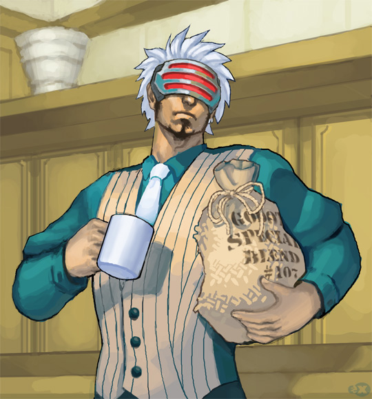extollere, godot (ace attorney), ace attorney, capcom, phoenix wright: ace attorney – trials and tribulations, self-upload, 1boy, coffee, male focus, necktie, solo, white hair