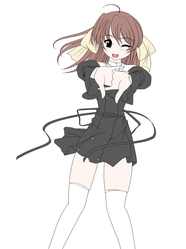 frapowa, miyamura miyako, ef (visual novel), 00s, 1girl, ;d, black dress, brown eyes, brown hair, cowboy shot, dress, female focus, long sleeves, looking at viewer, one eye closed, open mouth, simple background, smile, solo, thighhighs, white background, white thighhighs, wink, zettai ryouiki