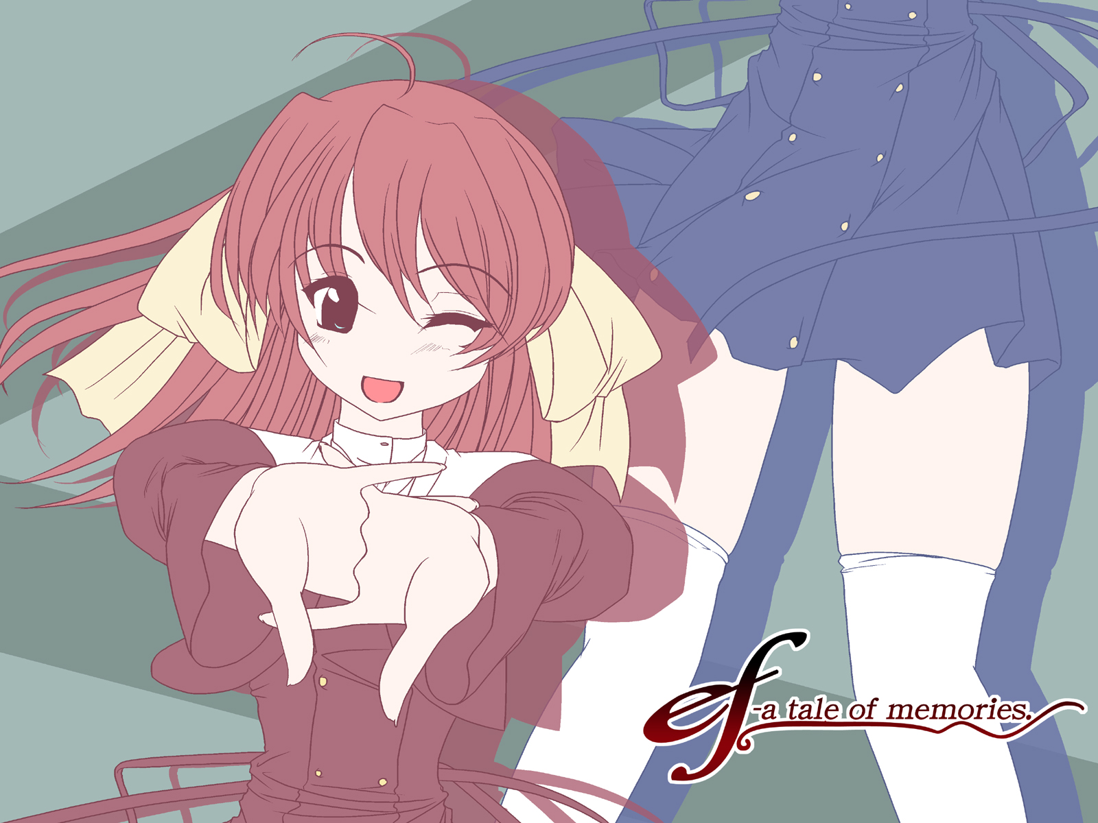 frapowa, miyamura miyako, ef (visual novel), highres, 00s, 1girl, blue dress, dress, female focus, limited palette, long sleeves, looking at viewer, outstretched arms, red dress, red eyes, red hair, solo, thighhighs, white thighhighs, zettai ryouiki