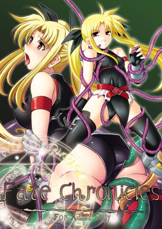 takahashi yoshiki, fate testarossa, fate testarossa (lightning form), fate testarossa (true sonic form), lyrical nanoha, mahou shoujo lyrical nanoha, arm grab, 00s, armband, ass, belt, black thighhighs, blonde hair, blush, clenched teeth, cover, covered erect nipples, fingerless gloves, flat chest, gloves, hair ribbon, long hair, magic circle, open mouth, rape, red eyes, restrained, ribbon, solo, spread legs, sweat, teeth, tentacles, tentacles under clothes, thighhighs, tongue, twintails