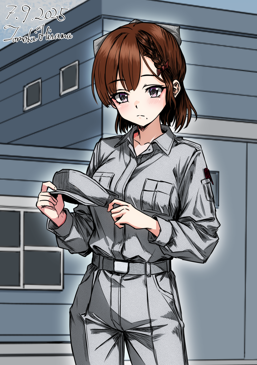 hisamatomoki, asahi (kancolle), kantai collection, commentary request, highres, 1girl, alternate costume, artist name, blunt tresses, braid, breast pocket, brown hair, closed mouth, cowboy shot, dated, grey eyes, grey hat, grey jumpsuit, hair ribbon, hat, holding, holding unworn clothes, holding unworn hat, jumpsuit, long sleeves, looking at viewer, mechanic, mole, mole under mouth, one-hour drawing challenge, pocket, red ribbon, ribbon, short hair, single braid, solo, unworn hat, unworn headwear