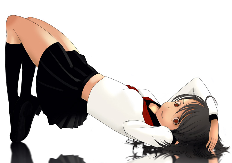kiriman (souldeep), original, 1girl, arched back, arm behind head, black hair, brown eyes, female focus, kneehighs, pleated skirt, reflection, school uniform, serafuku, simple background, skirt, smile, socks, solo, tiptoes, top-down bottom-up, white background