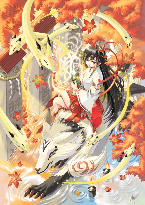 yuu (yuyukaikan), original, lowres, 1girl, animal, autumn, autumn leaves, black hair, candle, crossed legs, female focus, from above, hakama, hakama skirt, japanese clothes, kitsune, leaf, long hair, miko, red eyes, red hakama, riding, riding animal, sitting on animal, skirt, solo, traditional youkai, very long hair, water