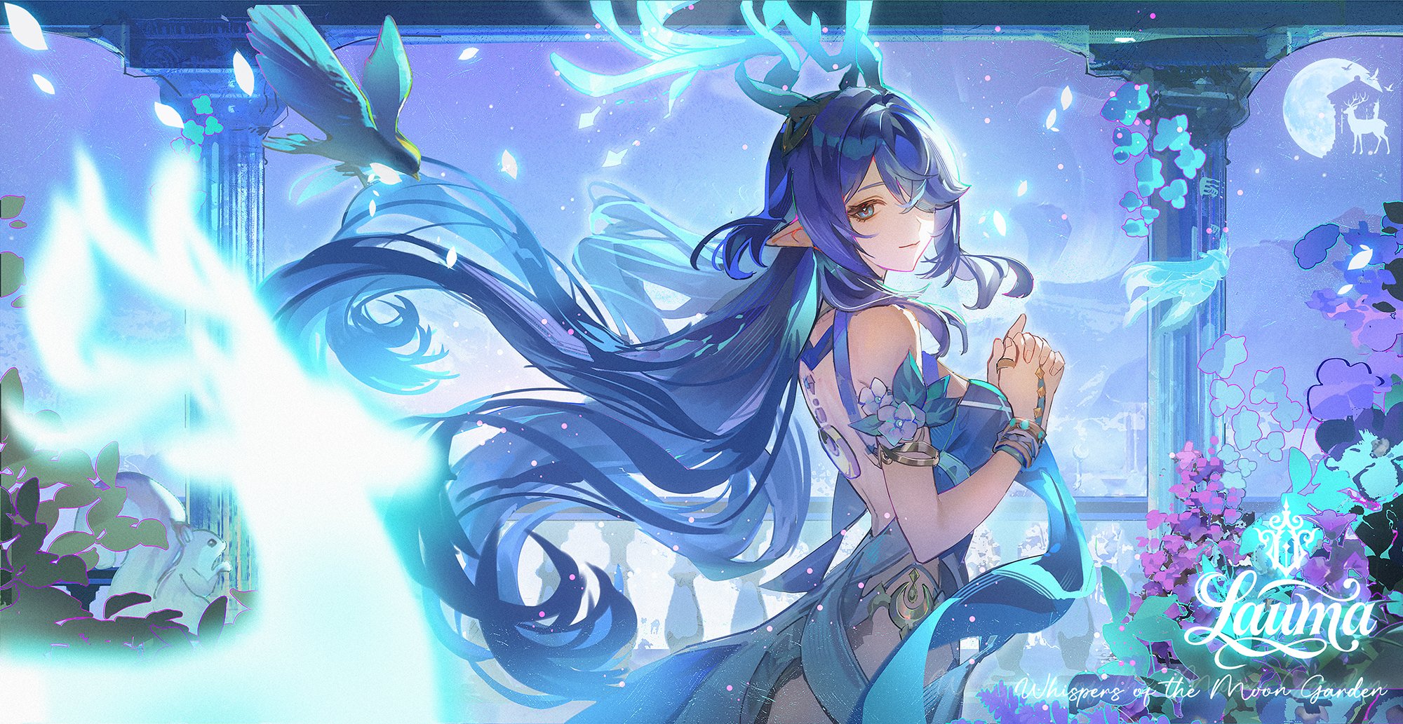 moehikaru, lauma (genshin impact), genshin impact, commentary, english commentary, highres, 1girl, antlers, bare shoulders, blue dress, blue eyes, blue hair, character name, closed mouth, column, deer antlers, dress, english text, fingernails, flower, from side, hair over one eye, horns, interlocked fingers, long hair, looking at viewer, looking to the side, outdoors, own hands clasped, own hands together, pillar, pointy ears, purple flower, sleeveless, sleeveless dress, solo, very long hair