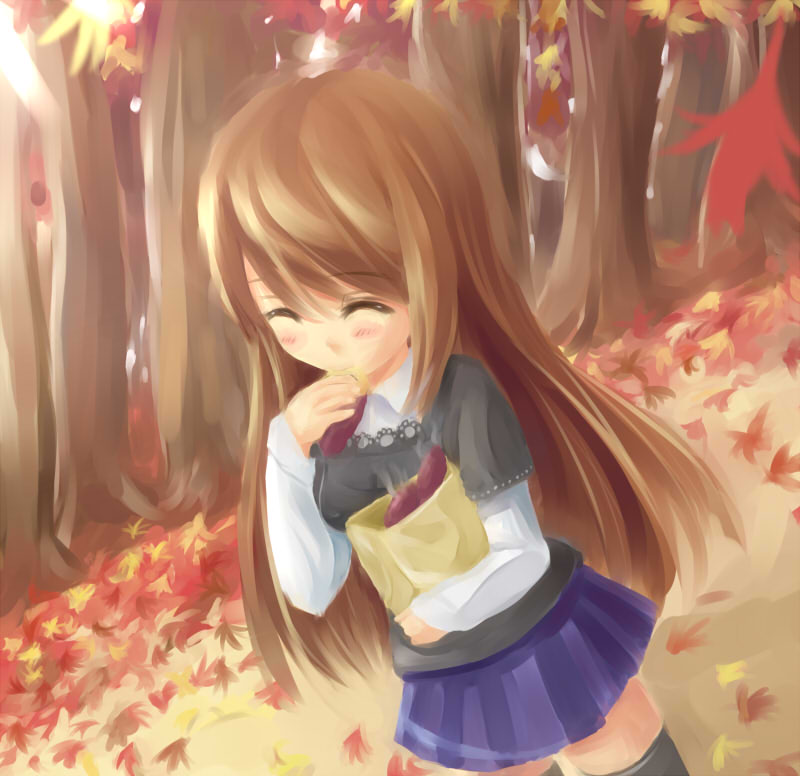 kuro (be ok), original, 1girl, ^^^, ^ ^, autumn, autumn leaves, bag, black thighhighs, blush, brown hair, closed eyes, cowboy shot, day, female focus, holding, leaf, light rays, long sleeves, outdoors, pleated skirt, running, skirt, solo, sunlight, thighhighs, walking, zettai ryouiki