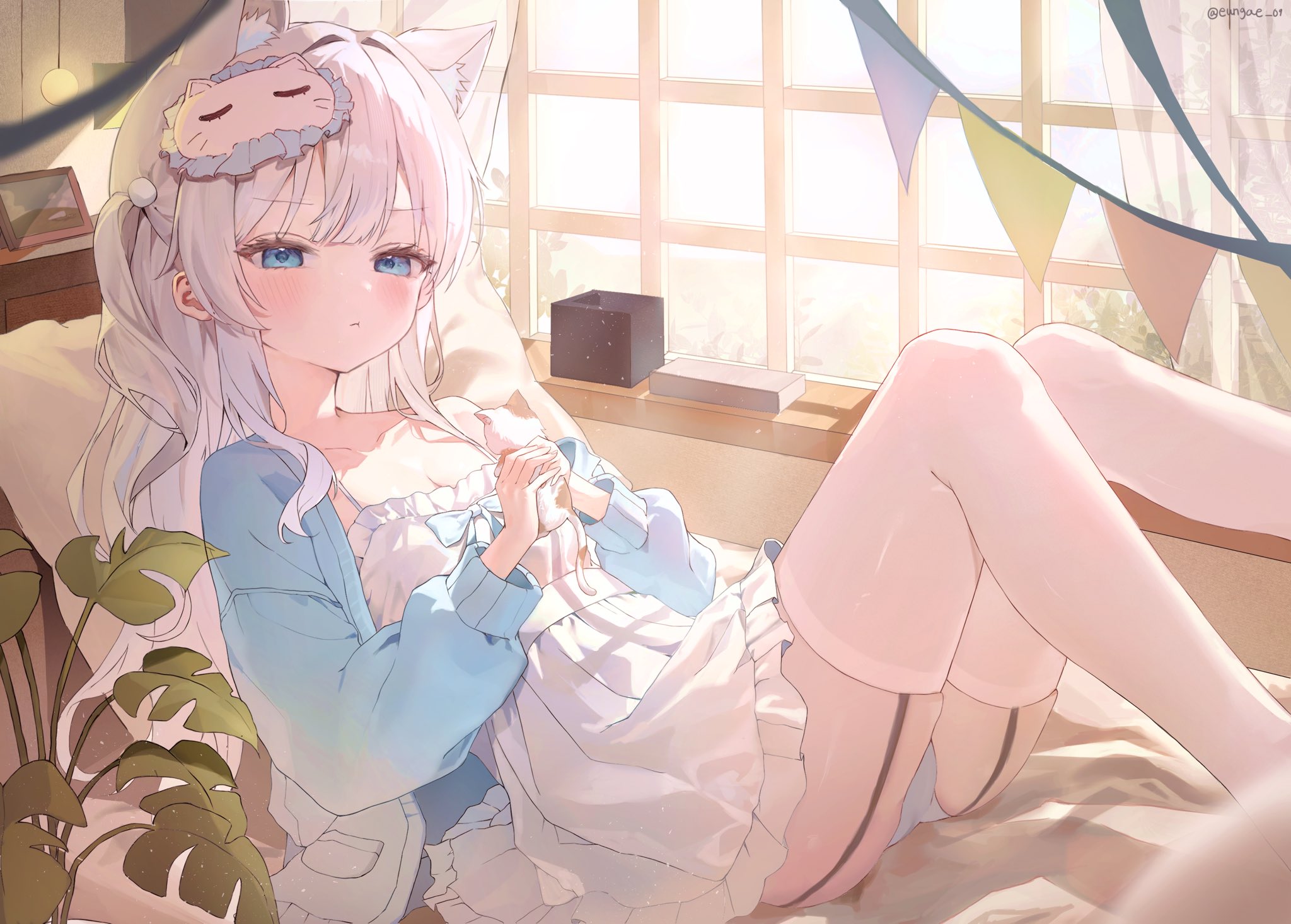 original, commission, highres, 1girl, animal ears, blue eyes, blue jacket, blush, breasts, cat ears, closed mouth, collarbone, dress, eungae 09, hair between eyes, half-closed eyes, indoors, jacket, long hair, on bed, open clothes, open jacket, panties, pout, small breasts, solo, sunlight, thighhighs, underwear, white dress, white hair, white panties, window