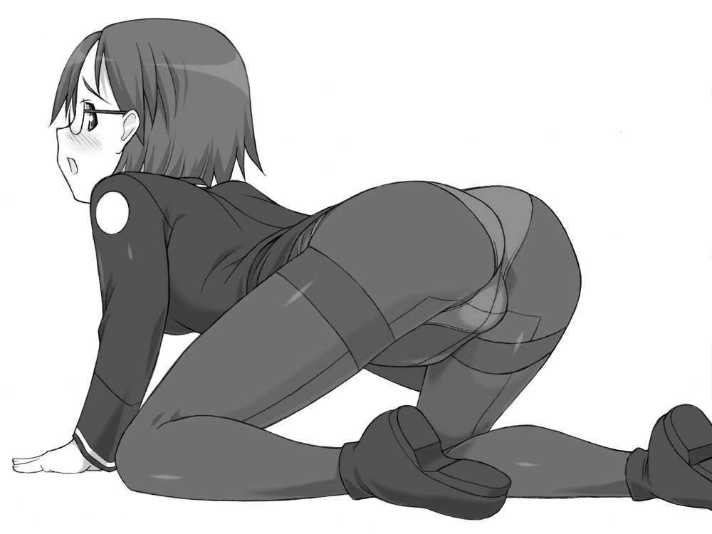 shichimenchou, fujieda nanae, sky girls, 00s, 1girl, ass, black pantyhose, crotch seam, female focus, glasses, greyscale, monochrome, no pants, panties, panties under pantyhose, pantyhose, solo, thighband pantyhose, underwear