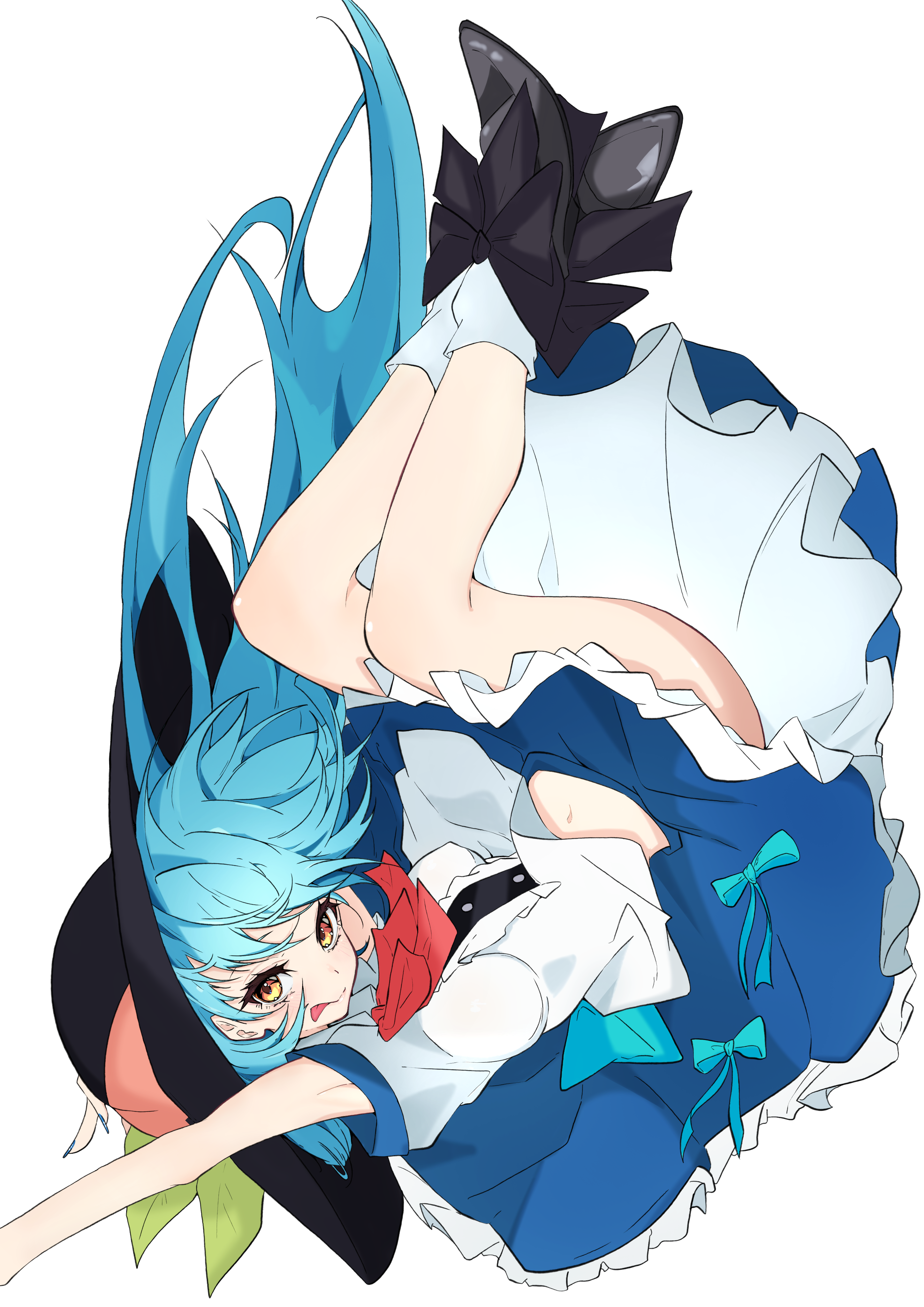 unanooo (fthx7532), hinanawi tenshi, touhou, absurdres, commentary, highres, 1girl, :p, arm up, black bow, black hat, black shoes, blue hair, blue nails, blue skirt, blush, bow, bowtie, breasts, center frills, closed mouth, eyelashes, floating hair, footwear bow, frilled shirt, frilled skirt, frills, full body, hair between eyes, hat, long hair, looking at viewer, medium breasts, medium skirt, midriff, nail polish, navel, orange eyes, peach hat ornament, red bow, red bowtie, shirt, shoes, short sleeves, skirt, smile, solo, sun hat, tongue, tongue out, upside-down, very long hair, white shirt