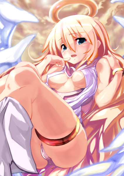 ooyama kina, original, 1girl, angel, breasts, female focus, halo, open clothes, open shirt, panties, shirt, solo, underboob, underwear, wings
