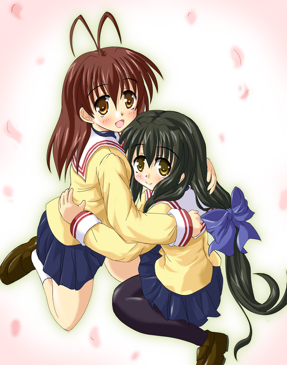 hiiragi tomoka, furukawa nagisa, ibuki fuuko, clannad, 00s, 2girls, antenna hair, long hair, low-tied long hair, multiple girls, pantyhose