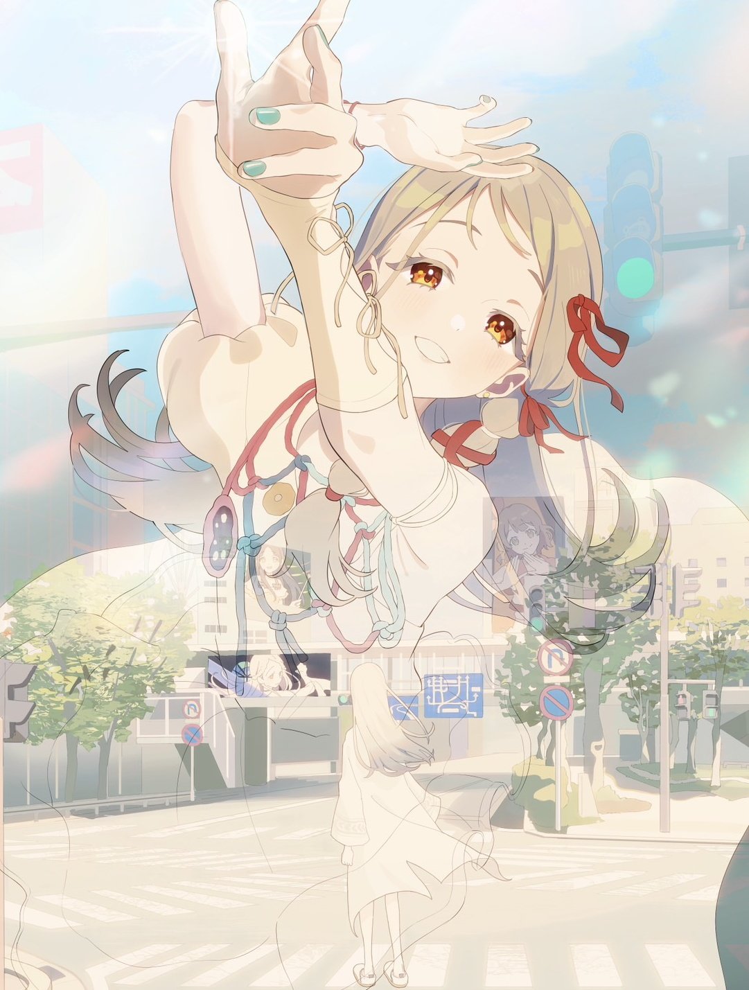 tanupon, hanami ume, kuramoto china, shinosawa hiro, gakuen idolmaster, idolmaster, commentary request, highres, 1girl, arms up, blonde hair, bracelet, braid, brown eyes, brown hair, building, city, colored eyelashes, crosswalk, dress, earrings, fingernails, flipped hair, from behind, gradient hair, green nails, grey hair, grey nails, hair ribbon, intersection, jewelry, light blush, long hair, looking ahead, looking at viewer, multicolored hair, multiple bracelets, multiple views, open mouth, orange eyes, outdoors, own hands together, pedestrian lights, projected inset, puffy short sleeves, puffy sleeves, reaching, red ribbon, ribbon, ribbon braid, road, road sign, robe, screen, shoes, short hair, short sleeves, side braid, sidewalk, sign, single-shoulder dress, single bare shoulder, smile, standing, stop sign, street, stud earrings, sunfaded (idolmaster), traffic light, tree, triangle hands, urban, white dress, white robe, white shoes, wide shot