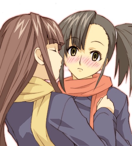 haruka shiya, konoe konoka, sakurazaki setsuna, mahou sensei negima!, lowres, 00s, 2girls, asymmetrical bangs, asymmetrical hair, black hair, blunt bangs, blush, brown eyes, brown hair, closed eyes, closed mouth, eyebrows hidden by hair, facing another, facing viewer, hair tie, hand up, happy, hime cut, imminent kiss, jacket, long hair, long sleeves, looking at viewer, multiple girls, ponytail, red scarf, scarf, shy, side ponytail, simple background, upper body, white background, yuri