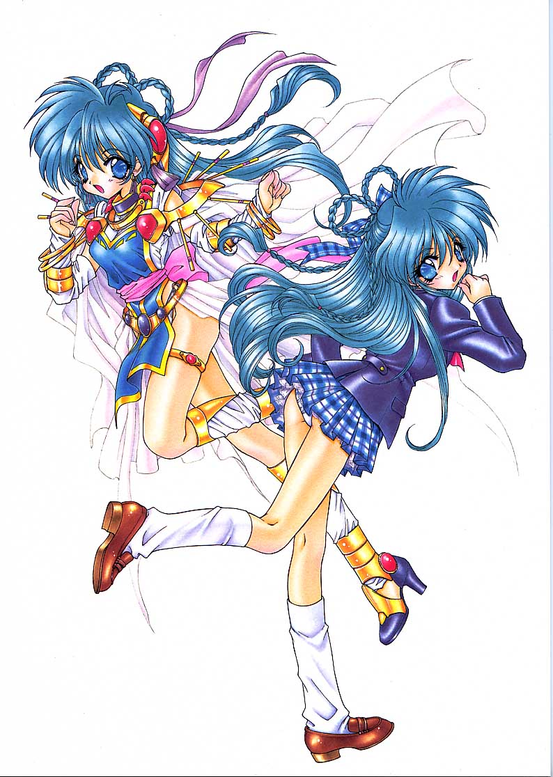 ramiya ryou, swatty, can can bunny, can can bunny extra, 1990s (style), 1girl, blue eyes, blue hair, dual persona, long hair, panties, pantyshot, retro artstyle, school uniform, serafuku, underwear