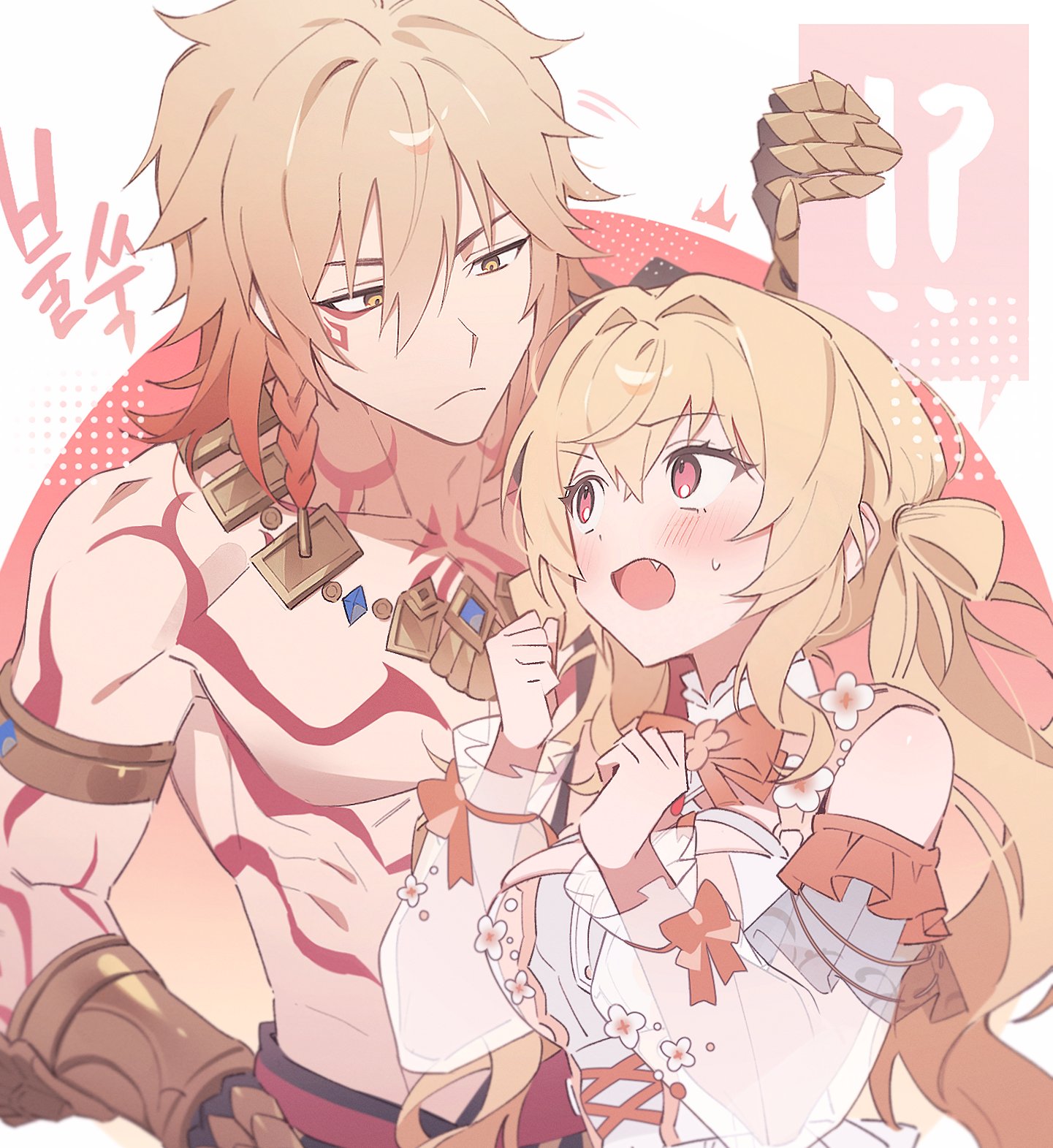 lvemhrd, mydei (honkai: star rail), honkai: star rail, honkai (series), original, highres, arm tattoo, armlet, blonde hair, chest tattoo, facial tattoo, fang, flower, jewelry, multicolored hair, necklace, pink flower, red eyes, red hair, red tattoo, shoulder tattoo, tattoo, topless male, two-tone hair, yellow eyes