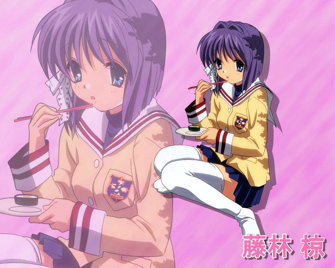 fujibayashi ryou, clannad, 00s, 1girl, 5/4, blue eyes, female focus, full body, hair ribbon, purple hair, ribbon, school uniform, serafuku, solo, thighhighs, zoom layer