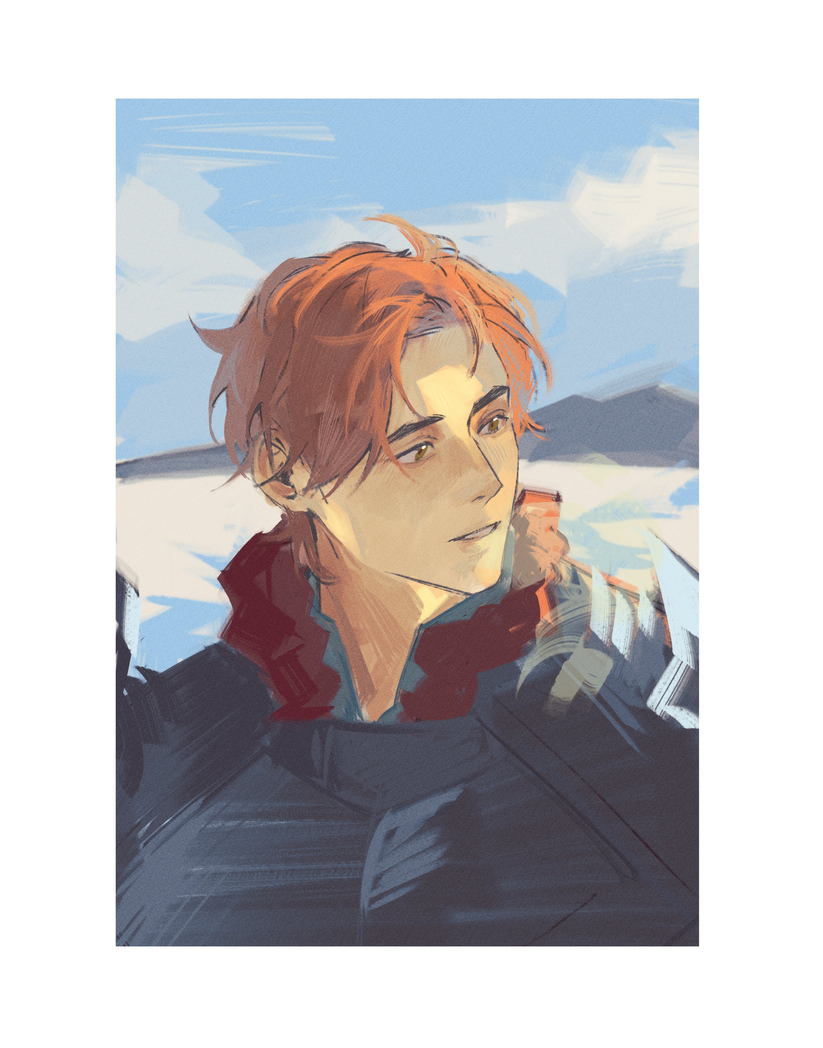 sylvain jose gautier, sylvain jose gautier (timeskip), fire emblem, fire emblem: three houses, nintendo, absurdres, commentary, english commentary, highres, unfinished, 1boy, armor, breastplate, brown eyes, cloud, dogstrikes, fur-trimmed collar, fur trim, light smile, looking to the side, male focus, mountain, mountainous horizon, orange hair, outdoors, parted lips, portrait, red fur, sideways glance, sky, snow, solo