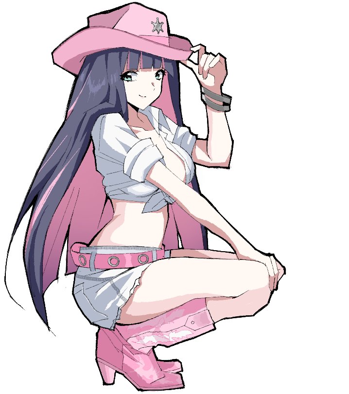 0ne back, stocking (psg), panty & stocking with garterbelt, 1girl, blunt bangs, boots, breasts, cowboy hat, crop top, green eyes, hat, high heel boots, high heels, long hair, looking at viewer, pink boots, pink hat, shirt, short shorts, shorts, simple background, smile, solo, squatting, striped hair, white background, white shirt