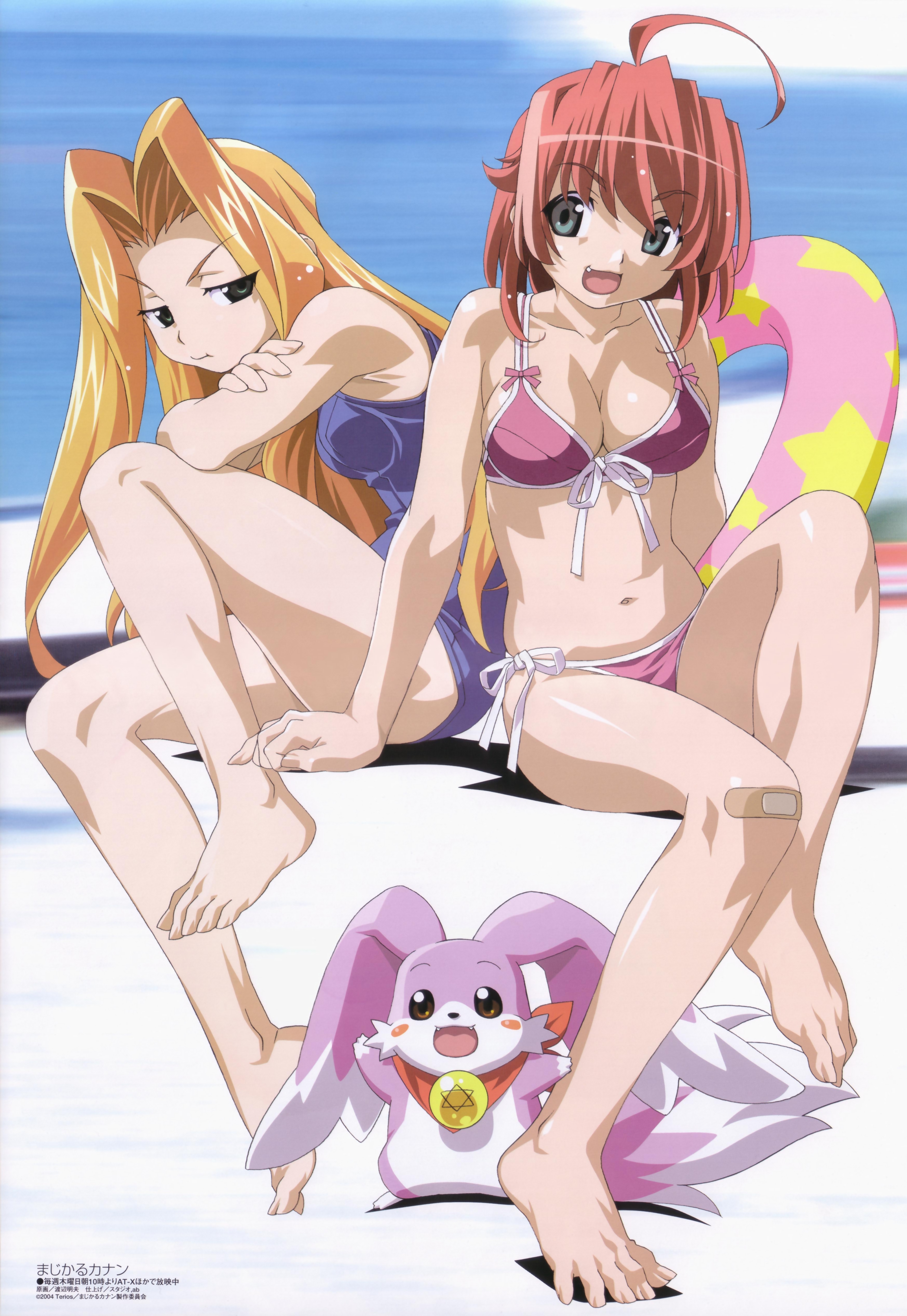 watanabe akio, carmein, cerulean blue, natsuki (magical canan), magical canan, megami magazine, absurdres, highres, non-web source, scan, 2girls, ahoge, arm support, bandaid, bandaid on knee, bandaid on leg, barefoot, bikini, black eyes, blonde hair, blue eyes, blush stickers, breasts, cleavage, fang, fangs, feet, front-tie top, green eyes, innertube, leg up, long hair, medium breasts, multiple girls, navel, one-piece swimsuit, pink hair, rabbit, red hair, short hair, side-tie bikini bottom, sitting, smile, star (symbol), star print, swim ring, swimsuit, water