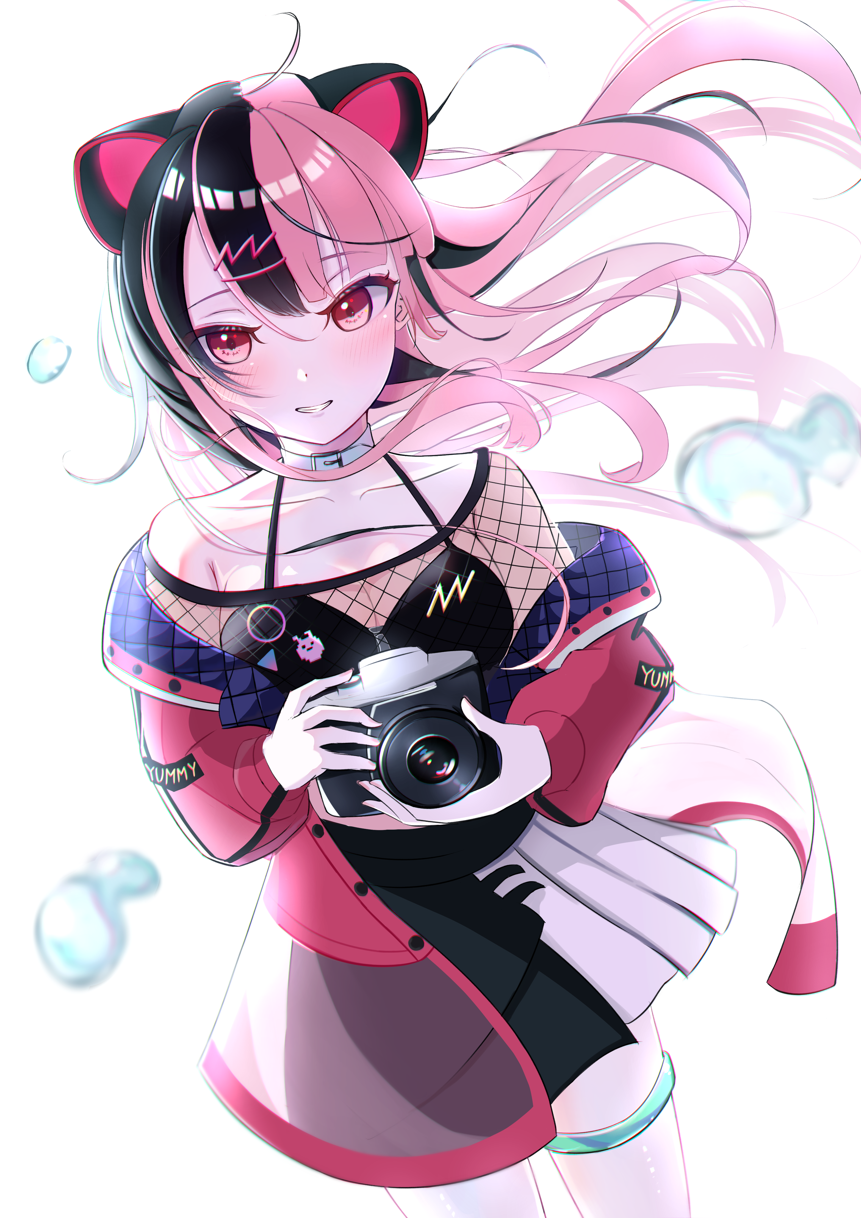 white garand, bang dream!, bang dream! mugendai mewtype, absurdres, commentary, highres, 1girl, animal ear headphones, animal ears, black camisole, breasts, camera, camisole, cat ear headphones, choker, cleavage, collarbone, fake animal ears, floating hair, hair ornament, hairclip, headphones, holding, holding camera, jacket, long hair, open mouth, pink hair, pink jacket, red eyes, sengoku yuno, skirt, solo, thigh strap, virtual youtuber, white choker, white skirt