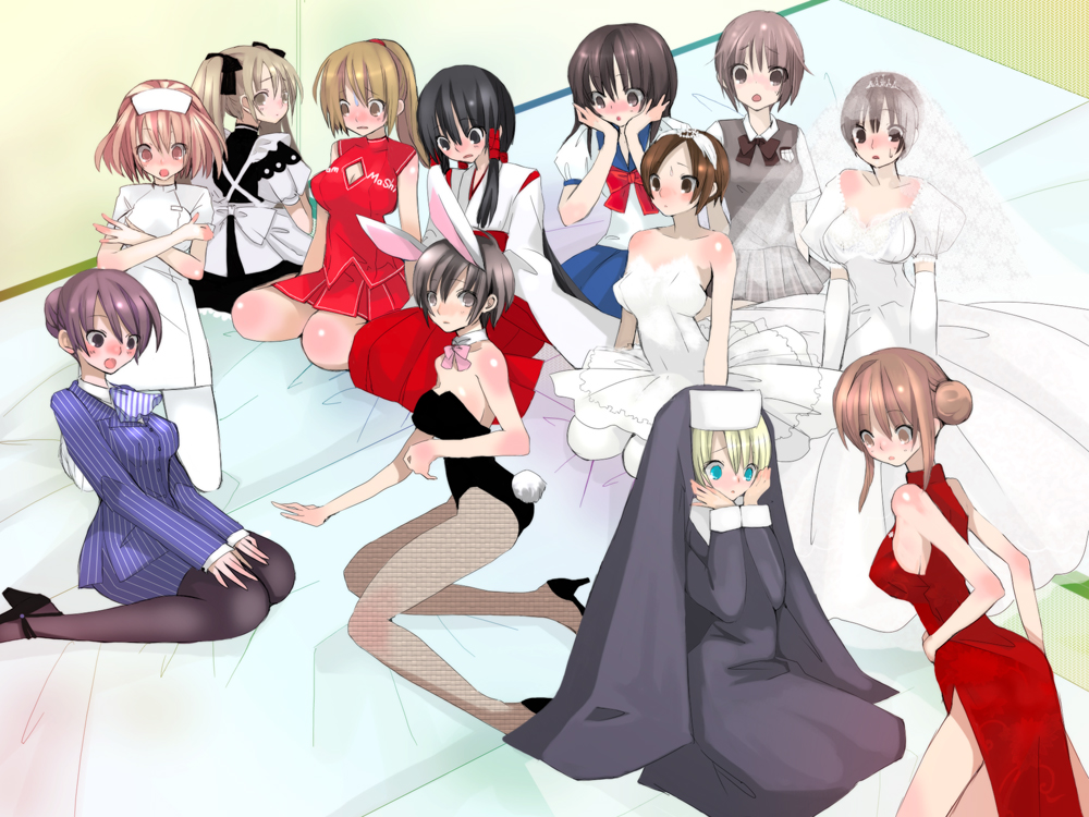 mashiro yuu, 6+girls, animal ears, bad anatomy, blush, cheerleader, china dress, chinese clothes, cleavage cutout, clothing cutout, dress, fake animal ears, flight attendant, formal clothes, genderswap, genderswap (mtf), high heels, japanese clothes, leotard, maid, miko, multiple girls, nun, nurse, pantyhose, playboy bunny, poorly drawn, rabbit ears, red dress, school uniform, serafuku, sitting, travel attendant, wedding dress, white dress