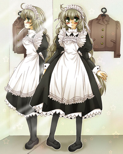 hatano yuuka, mashiro yuu, gender request, lowres, 2girls, blush, braid, genderswap, long hair, maid, mirror, multiple girls, pantyhose, reflection, twin braids, victorian maid