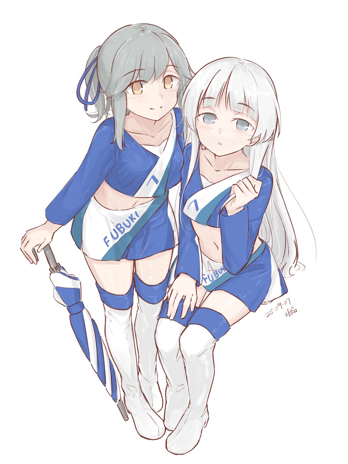 hikashima (shiofune), shirakumo (kancolle), usugumo (kancolle), usugumo (race queen) (kancolle), highres, 2girls, blue ribbon, blue shirt, blue skirt, boots, brown eyes, collared shirt, cosplay, dress shirt, from above, grey eyes, grey hair, hair ribbon, looking at viewer, matching outfits, midriff, miniskirt, multicolored shirt, multicolored skirt, multiple girls, planted, planted umbrella, race queen, ribbon, shirt, simple background, skirt, smile, thigh boots, thighhighs, umbrella, usugumo (kancolle) (cosplay), white background, white shirt, white thighhighs