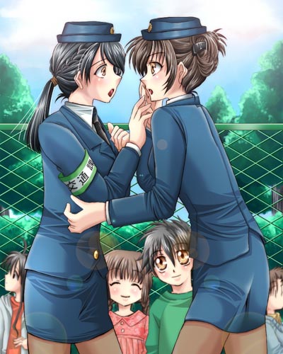 kamiki kouta, mashiro yuu, kayo-chan series, character request, gender request, lowres, 3boys, 3girls, black hair, brown hair, child, fence, genderswap, hat, miniskirt, multiple boys, multiple girls, necktie, pantyhose, pencil skirt, police, police uniform, policewoman, ponytail, skirt