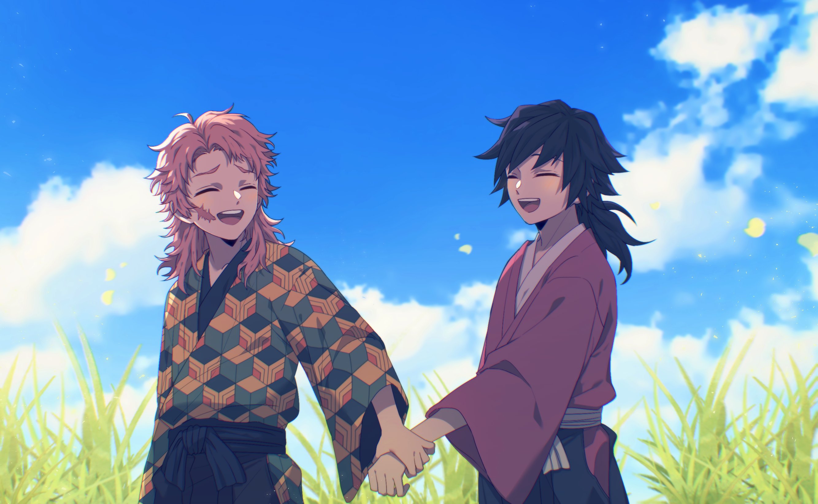 p ryto, sabito (kimetsu), tomioka giyuu, kimetsu no yaiba, highres, 2boys, black hair, blue sky, closed eyes, cloud, cloudy sky, grass, holding hands, japanese clothes, kikkoumon, kimono, low ponytail, male focus, multiple boys, open mouth, orange hair, outdoors, ponytail, red kimono, scar, scar on face, sky, smile, spiked hair, teeth, upper teeth only, walking