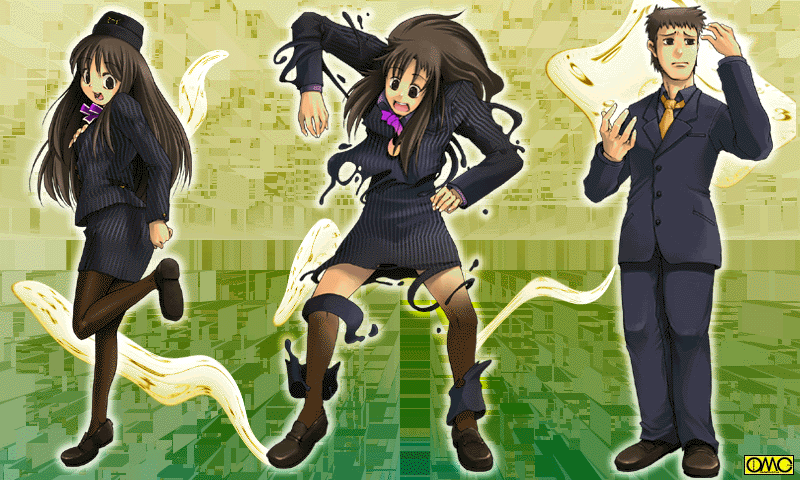 mashiro yuu, onija tarou, tg, kayo-chan series, 1boy, 1girl, brown eyes, brown hair, flight attendant, genderswap, genderswap (ftm), genderswap (mtf), long hair, pantyhose, pencil skirt, skirt, transformation, travel attendant