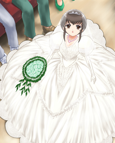 mashiro yuu, ohyuki, ooyuki, joushima ayumi, okashi na futari, gender request, lowres, 1girl, bouquet, bridal veil, bride, brown eyes, brown hair, dress, female focus, flower, from above, genderswap, jewelry, looking up, necklace, solo, tiara, veil, wedding dress