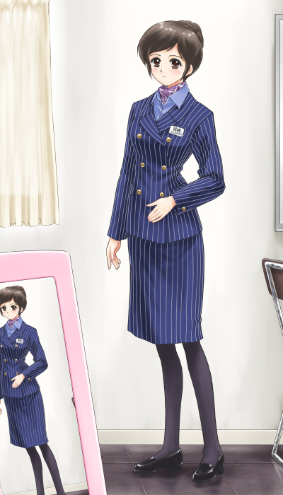 mashiro yuu, ohyuki, ooyuki, joushima ayumi, okashi na futari, gender request, 1girl, brown eyes, brown hair, female focus, flight attendant, genderswap, pantyhose, pencil skirt, short hair, skirt, solo, travel attendant