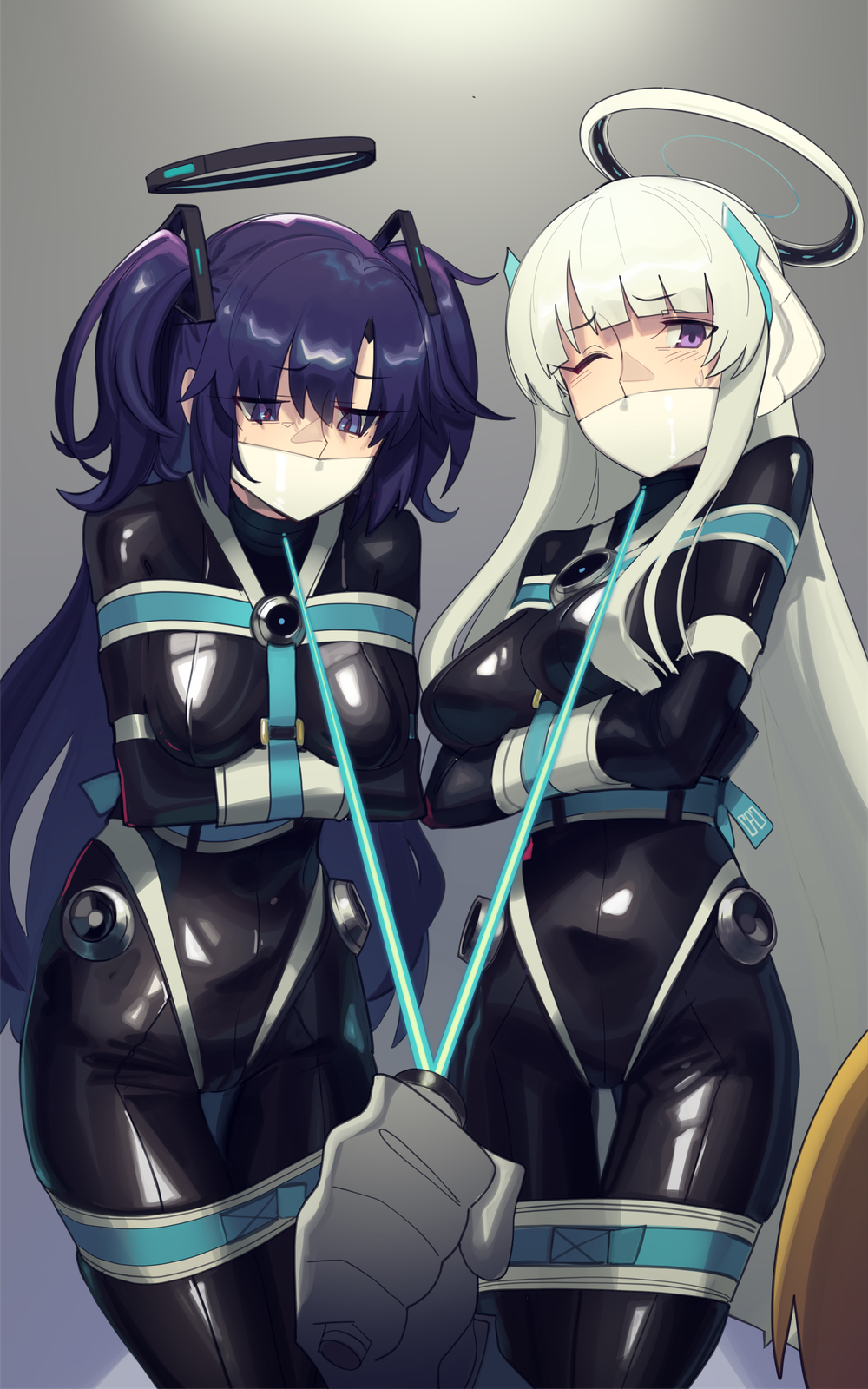 cad (caddo), noa (blue archive), yuuka (blue archive), blue archive, commission, highres, 1other, 2girls, bdsm, gag, halo, looking at viewer, multiple girls, purple eyes, restrained, sex toy, white hair