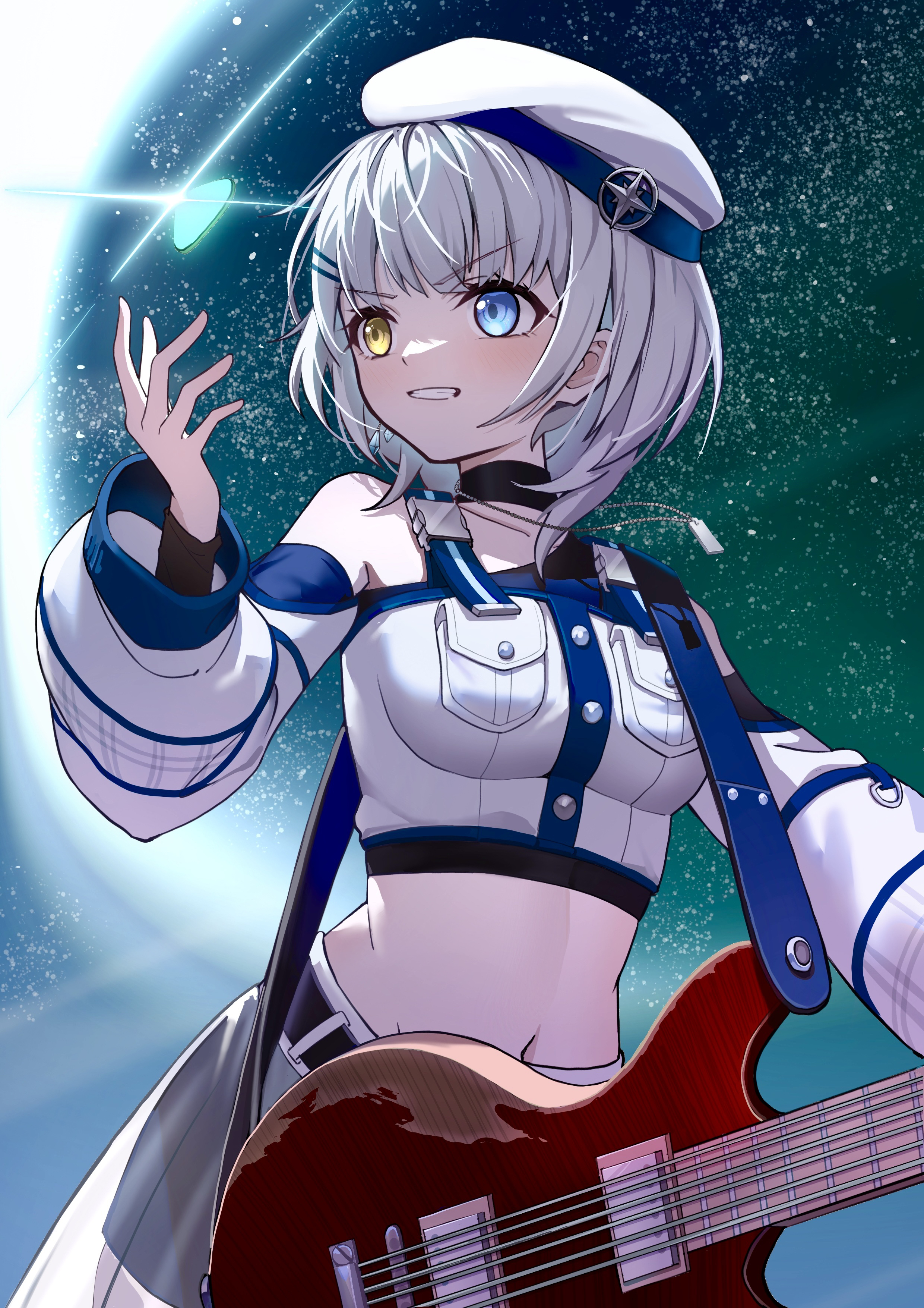 kaidouzy, kaname raana, bang dream!, bang dream! it's mygo!!!!!, absurdres, commentary, highres, 1girl, beret, blue eyes, breasts, clenched teeth, crop top, electric guitar, guitar, hair ornament, hairclip, hat, heterochromia, holding, holding guitar, holding instrument, instrument, jacket, long sleeves, medium breasts, midriff, navel, open mouth, plectrum, solo, teeth, white hat, white jacket, yellow eyes