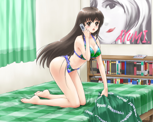 mashiro yuu, ohyuki, ooyuki, joushima ayumi, okashi na futari, lowres, 1girl, bed, bedroom, bikini, bookshelf, brown eyes, brown hair, cellphone, female focus, genderswap, genderswap (mtf), green bikini, indoors, long hair, phone, poster (object), solo, swimsuit