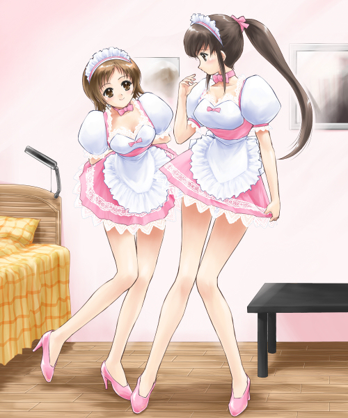 mashiro yuu, ohyuki, ooyuki, joushima ayumi, joushima satori, okashi na futari, gender request, 2girls, brown eyes, brown hair, genderswap, multiple girls, ponytail, waitress