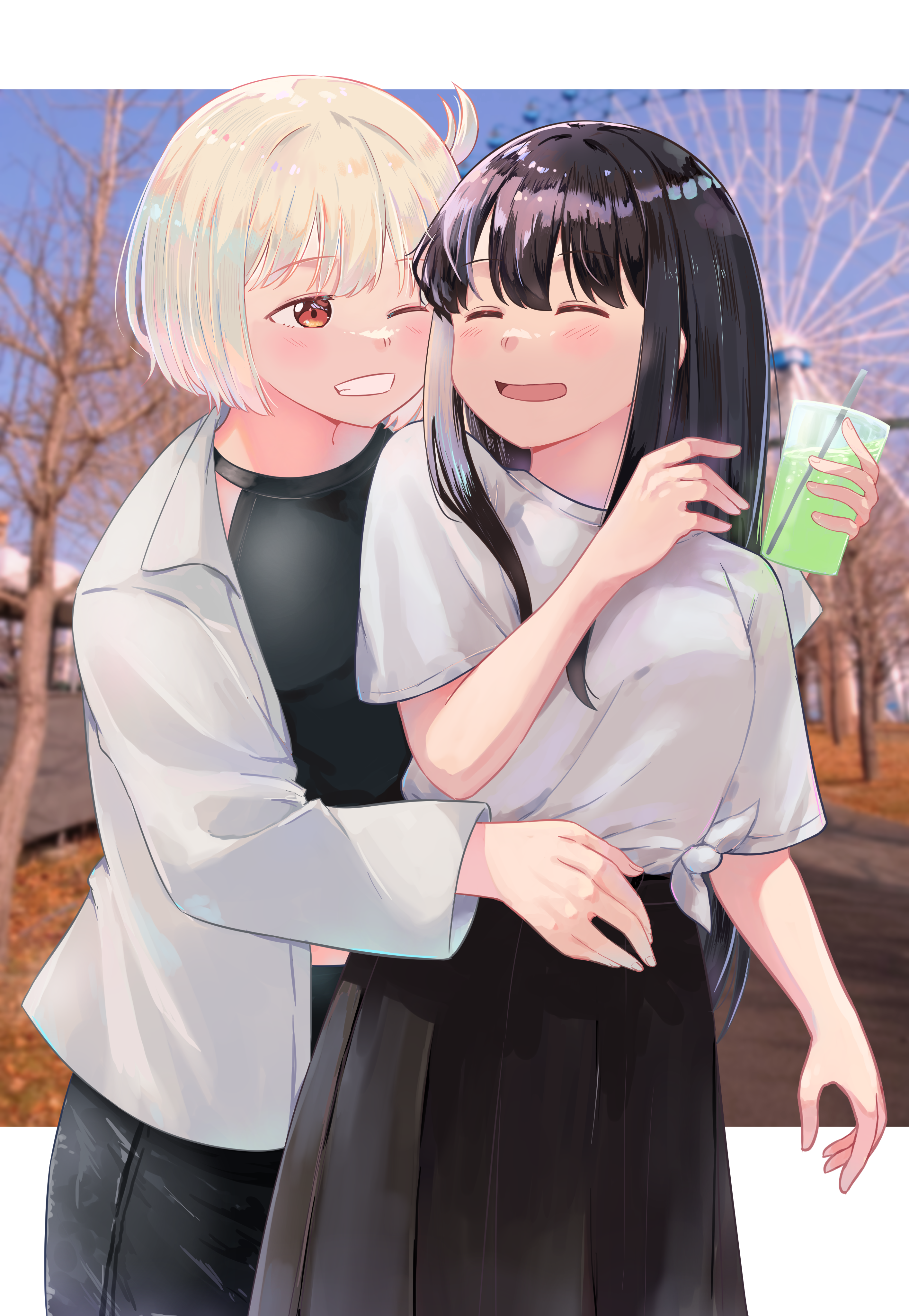 chai haru, inoue takina, nishikigi chisato, lycoris recoil, absurdres, commentary request, highres, 2girls, black hair, black pants, black shirt, black skirt, blonde hair, blush, closed eyes, ferris wheel, hug, hug from behind, jacket, long hair, multiple girls, one side up, open mouth, pants, photo background, red eyes, shirt, sidelocks, skirt, tied shirt, white jacket, white shirt, yuri