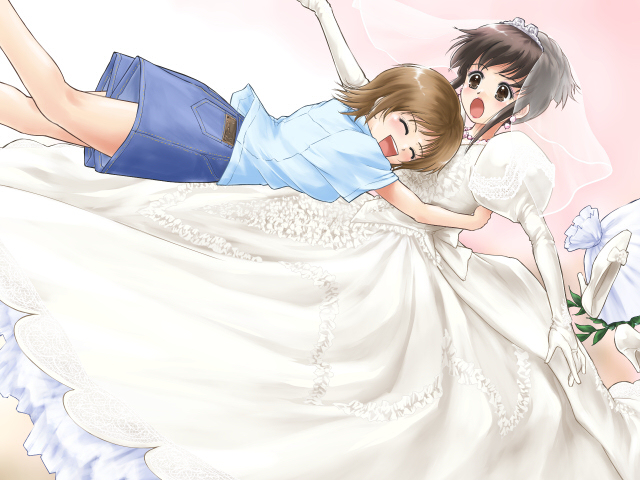 mashiro yuu, ohyuki, ooyuki, joushima ayumi, joushima satori, okashi na futari, gender request, 2girls, ^ ^, blush, bridal veil, bride, brown eyes, brown hair, closed eyes, dress, genderswap, glomp, hug, multiple girls, open mouth, veil, wedding dress