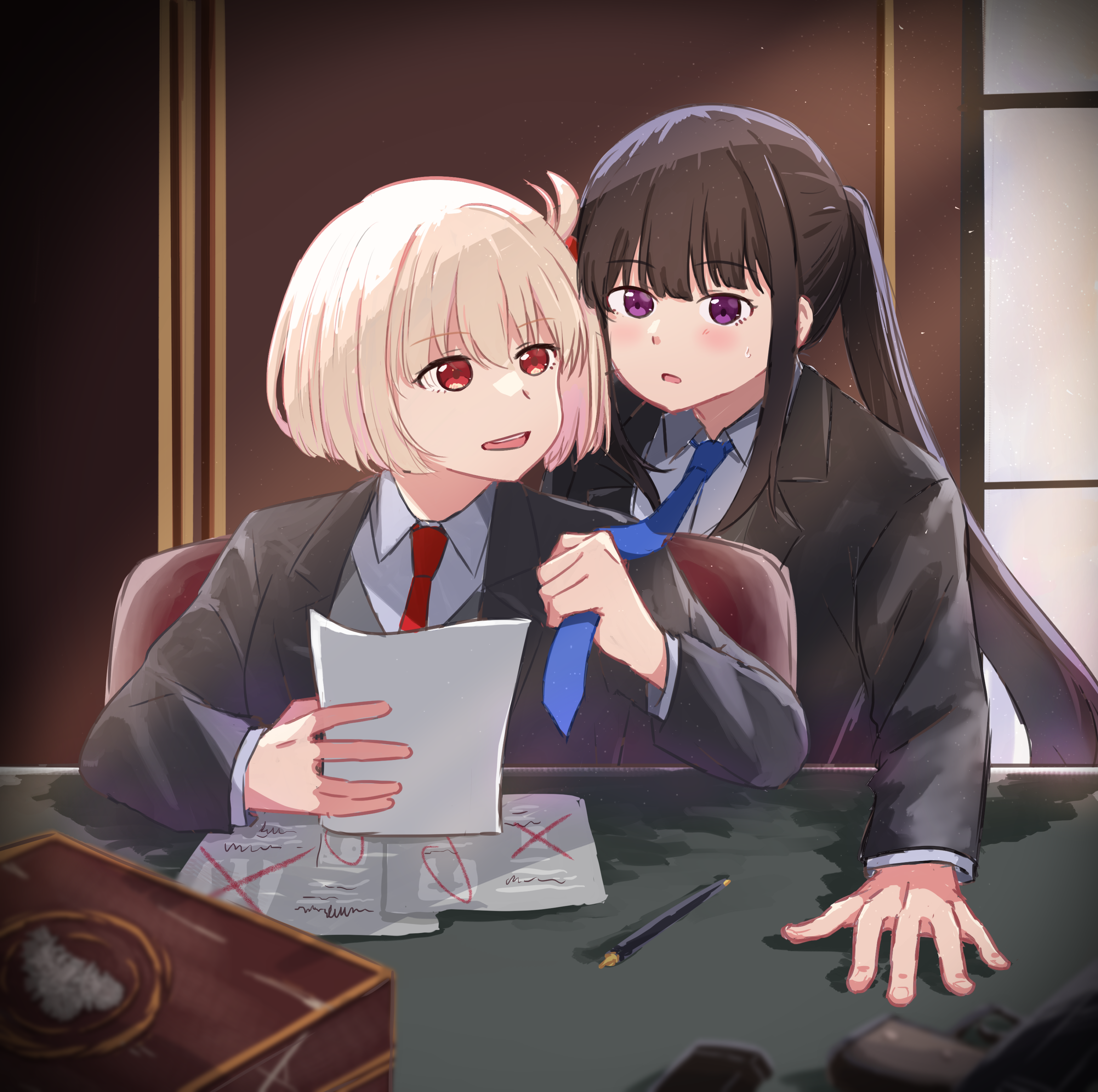 chai haru, inoue takina, nishikigi chisato, lycoris recoil, absurdres, commentary request, highres, 2girls, black jacket, blonde hair, blue necktie, clothes grab, grey vest, hair ribbon, indoors, jacket, light particles, long hair, multiple girls, necktie, necktie grab, neckwear grab, open mouth, ponytail, purple eyes, red eyes, red necktie, red ribbon, ribbon, short hair, sidelocks, vest, yuri